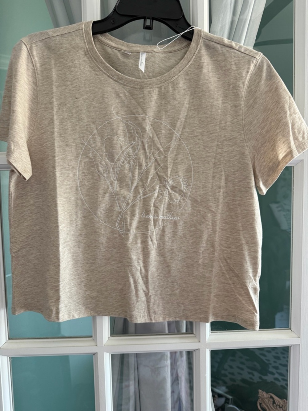 NWT Travis Mathew Taupe Short Sleeve Crewneck Tee with White Botanical Graphic
